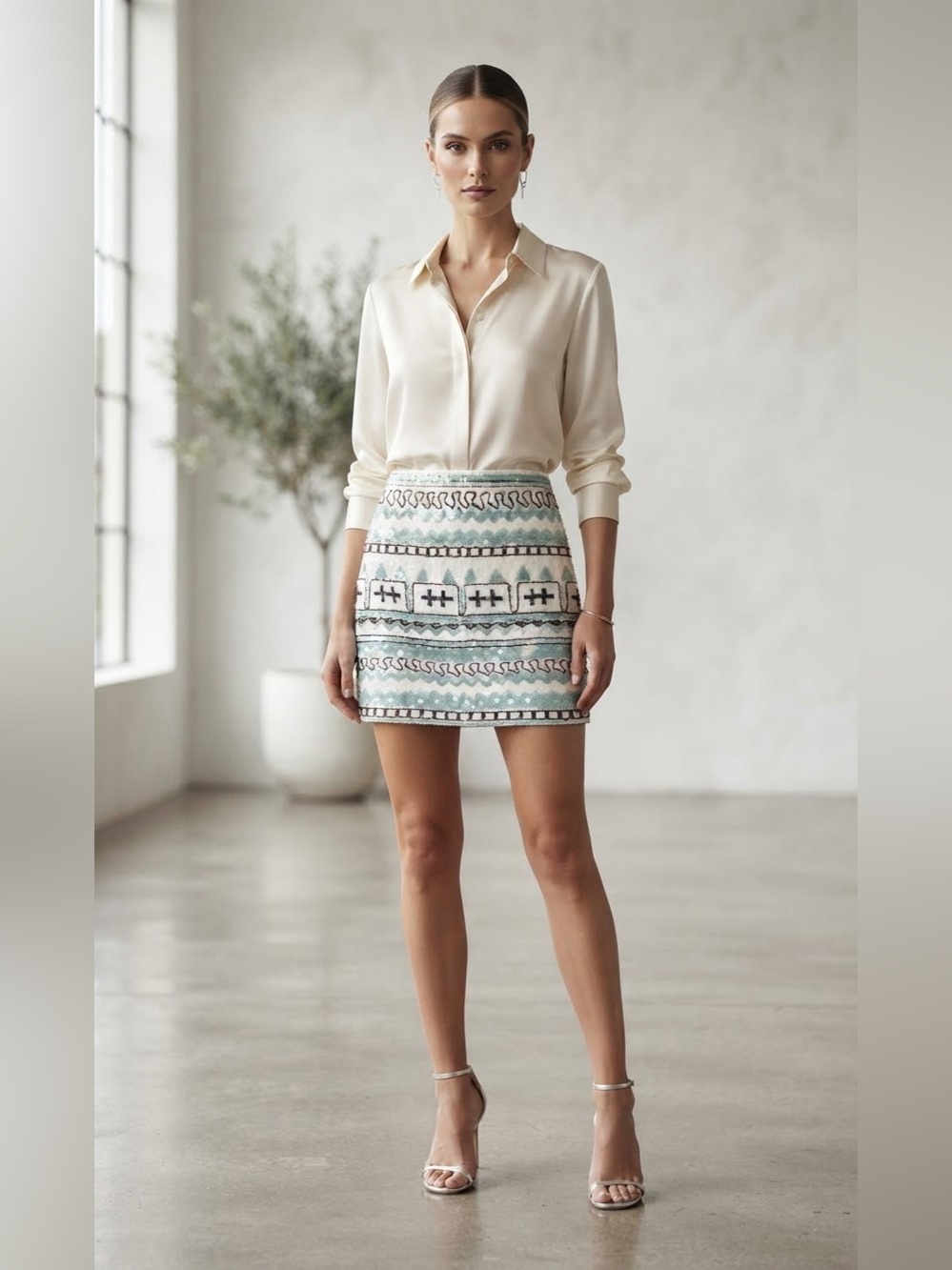 English Rose Sequin Mini Skirt Teal Aqua White Geometric Beaded Party Festival S